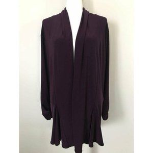 SYMPLI Long Open Cardigan Coat Size 14 Deep Purple Ruched Sleeves Bottom Flare